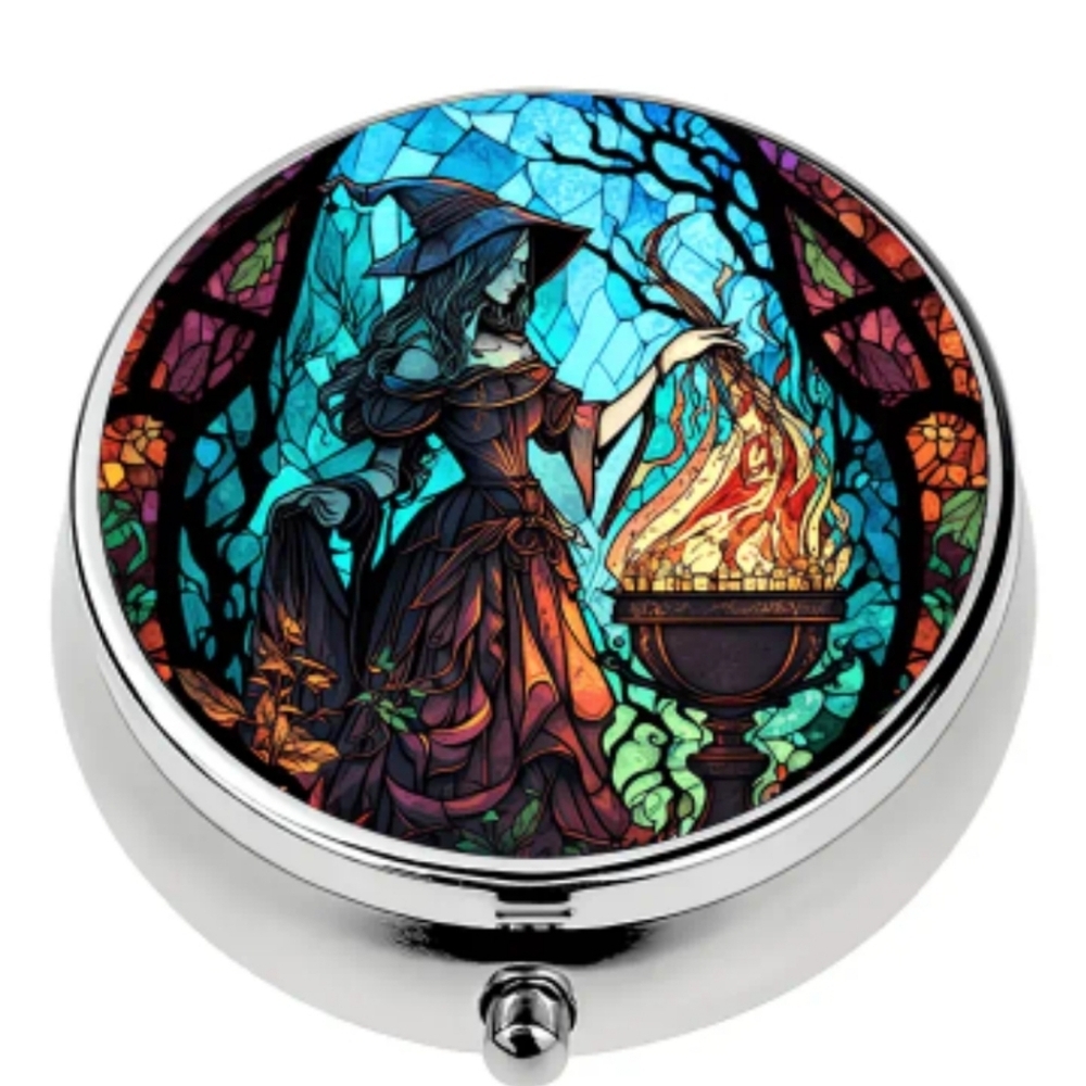 🆕️💊 ✨️MAGICAL WITCH PORTABLE METAL PILL BOX ORGANIZER WITH MIRROR✨️💊